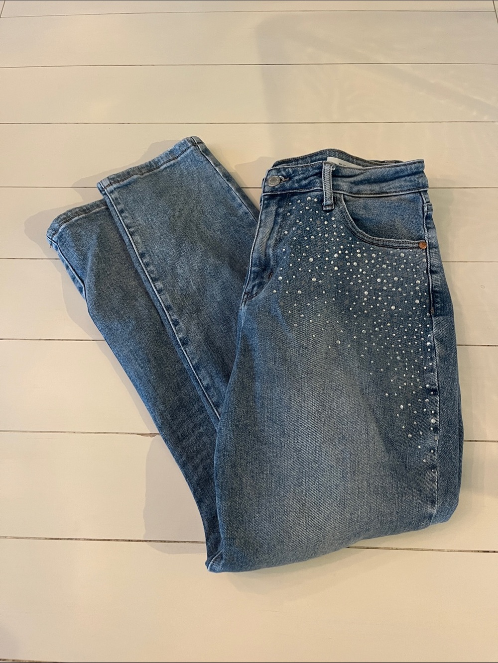 Judy Blue Medium Blue Straight Leg Jeans with Rhinestone Detail